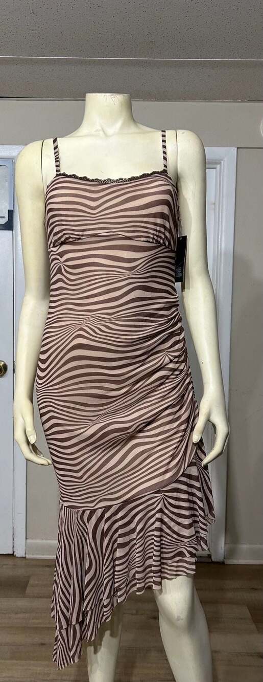 Wild Fable Sleeveless Ruched Mesh Asymmetrical Midi Dress in Brown Zebra Print
